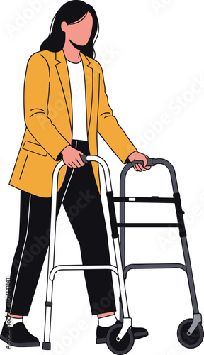 Person using walker, mobility aid illustration, accessibility support, elderly care, physical health, rehabilitation, assistive device, independence, disability support, medical equipment