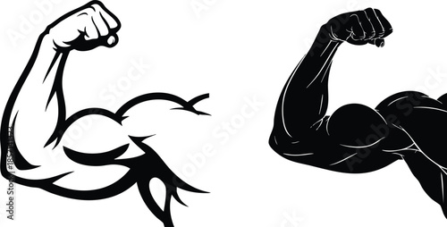 Flexed Bicep Graphic Illustrations, Muscular Arm Vector Icons, Black and White Fitness Graphics, Power and Definition, The Mark of Strength, Peak Performance, 