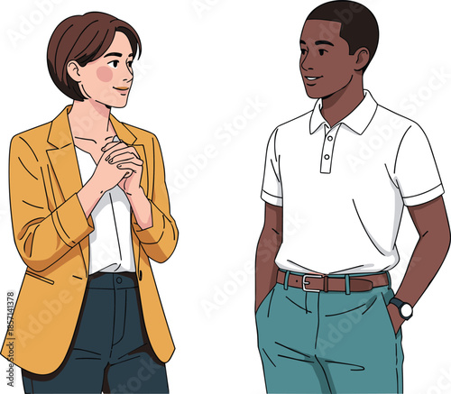 Two people illustration, casual conversation, social interaction, communication concept, friendly exchange, modern lifestyle, workplace scenario, interpersonal connection, everyday behavior, dialogue