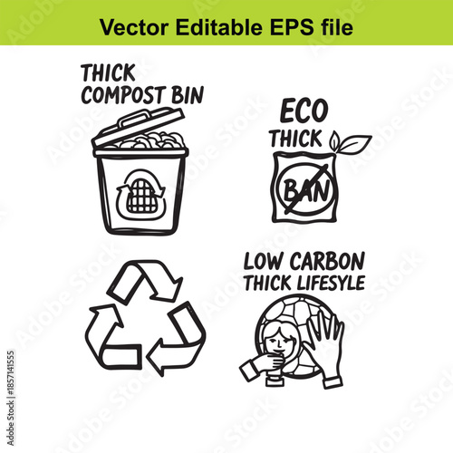  vector illustration of eco friendly icons including compost bin and recycling symbol isolated on white background