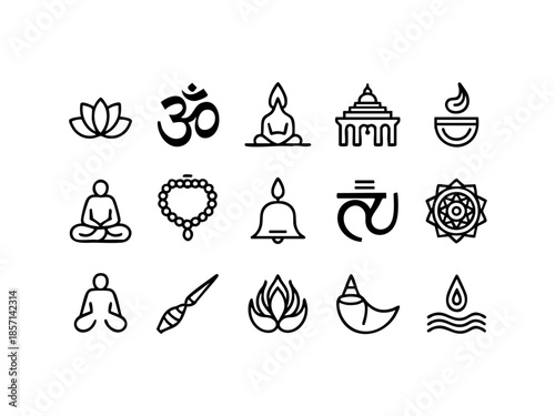 Hindu Place of Worship Icons – Temple, Mandir, Sacred Symbols Line Illustration