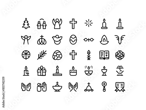 Christian Religion Icons – Cross, Church, Prayer, Faith Line Illustration