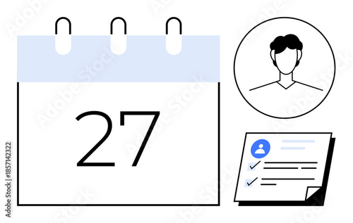 Calendar with date, user profile, and checklist representing planning, task management, and goal tracking. Ideal for scheduling, productivity, workflow, deadlines time management organization