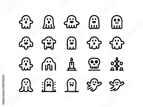 Ghost and Spirit Icons – Halloween, Supernatural, and Mystery Line Illustration