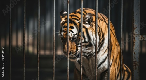 Captive Majesty: A Striking Portrait of a Tiger Behind Iron Bars, Symbolizing Wildlife