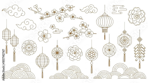 Illustration of traditional lanterns and flowers hanging from clouds in a serene atmosphere