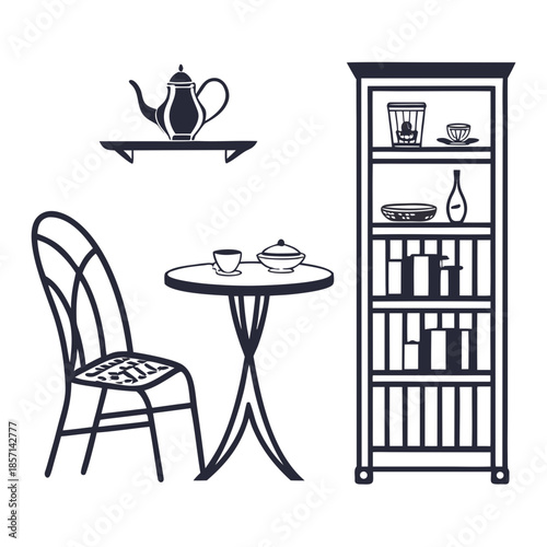 Cozy tea setting with bookshelf