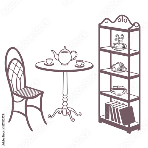 Cozy tea setting with bookshelf