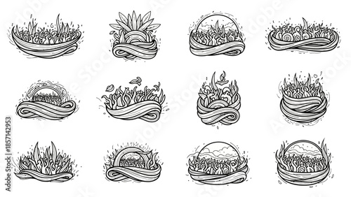 Collection of hand-drawn nature emblems with lush foliage and flowing ribbons, showcasing various natural scenes and elements.