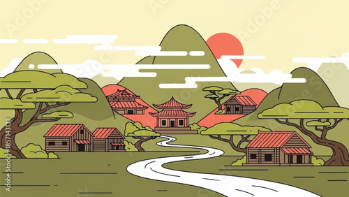 Serene village landscape with traditional houses and winding path at sunrise