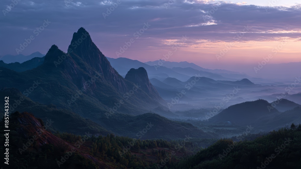 Fototapeta premium Jagged peaks rise from misty valleys under a soft purple and pink sunrise sky