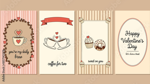 Valentine's Day cards with sweet treats and coffee