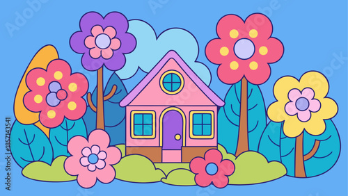 Colorful cottage surrounded by blooming flowers