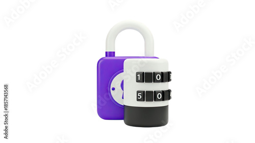 3D Purple padlock with combination lock on transparent background