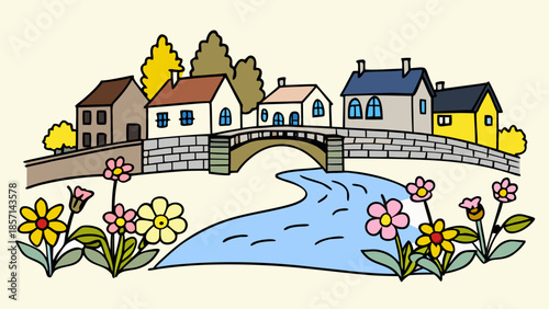 Quaint village bridge over flowing stream