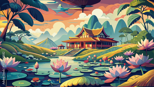 Serene lotus pond with traditional temple