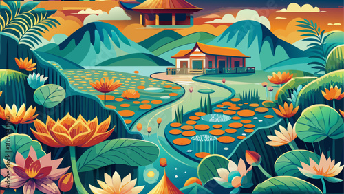Serene garden landscape with lotus flowers