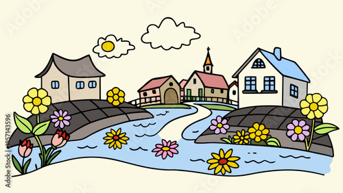 Scenic village by a river