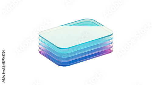 3D Stack of translucent geometric shapes with gradient colors on transparent background