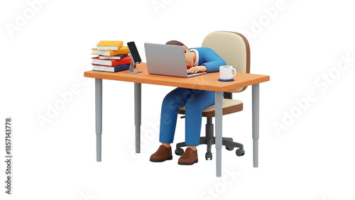 3D Tired businessman sleeping at desk with laptop and books on transparent background