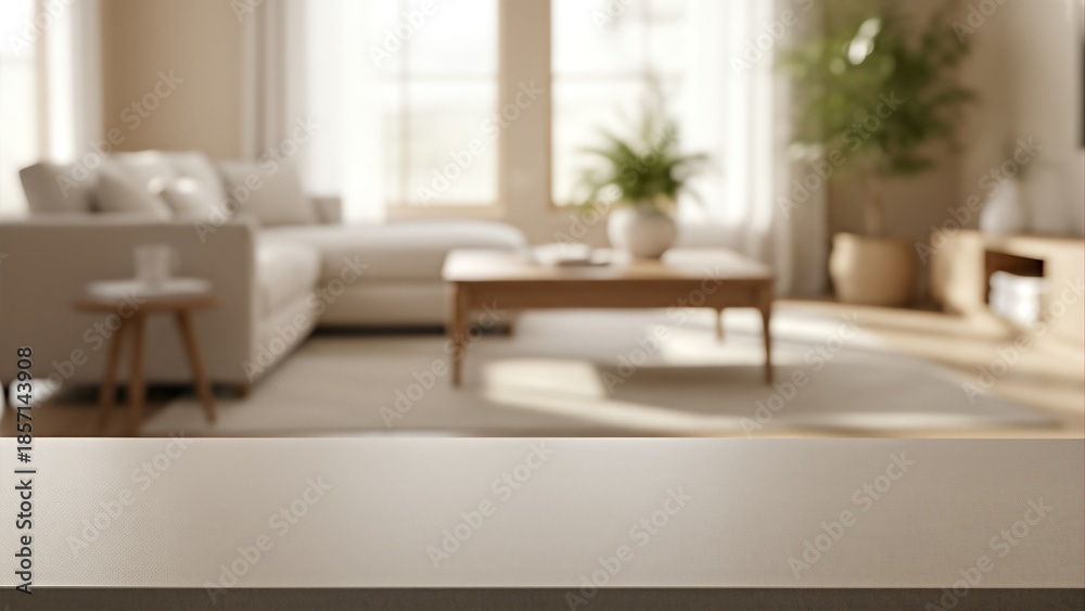 Fototapeta premium Matte Beige Countertop with Warm Blurred Interior Background