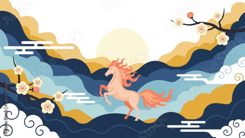 Vibrant illustration of a horse running through waves during lunar new year celebration