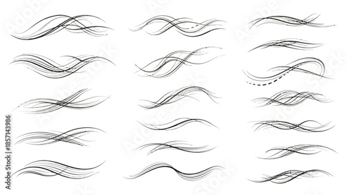 Dynamic collection of abstract flowing wave lines and smoke trails.