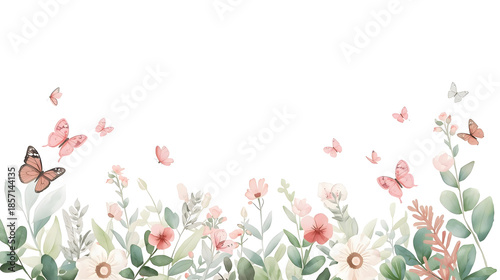 Watercolor floral background with butterflies, soft pastel illustration