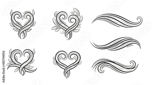Elegant Hand-Drawn Swirls and Heart-Shaped Flourishes Vector Set.