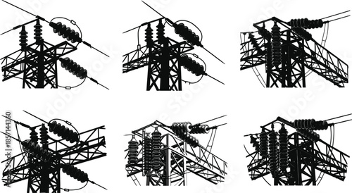 High voltage transmission tower insulator vector set, detailed electrical grid infrastructure illustration, industrial powerline equipment design for energy distribution systems