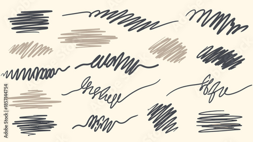 Hand-drawn scribble lines and abstract shapes in various styles.