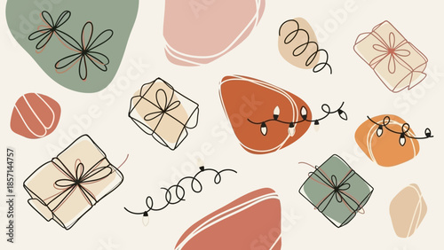 Hand-drawn Christmas gift boxes and festive decorations on a light background.