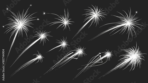 Set of bright white fireworks exploding in the night sky.