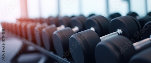 Dumbbells lined up on a rack, ready for strength training and fitness workouts in a bright gym setting with copy space