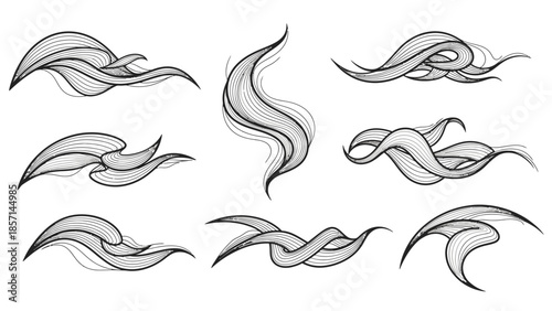 Set of Hand Drawn Smoke and Steam Swirls and Waves.