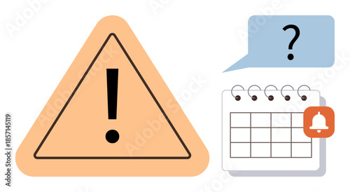 Warning triangle with exclamation mark, calendar icon with notification bell, and question mark in speech bubble. Ideal for urgency, deadlines, reminders, scheduling, alerts, time management