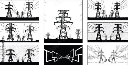 High voltage transmission towers and power lines landscape illustration, electrical grid infrastructure silhouette, energy distribution pylons, detailed industrial artwork