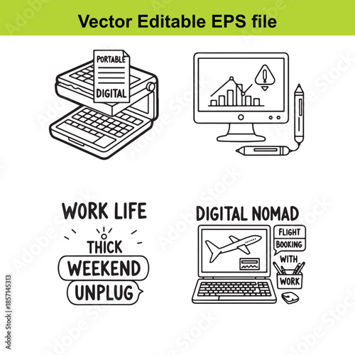  vector editable eps file with digital nomad and work life balance illustrations