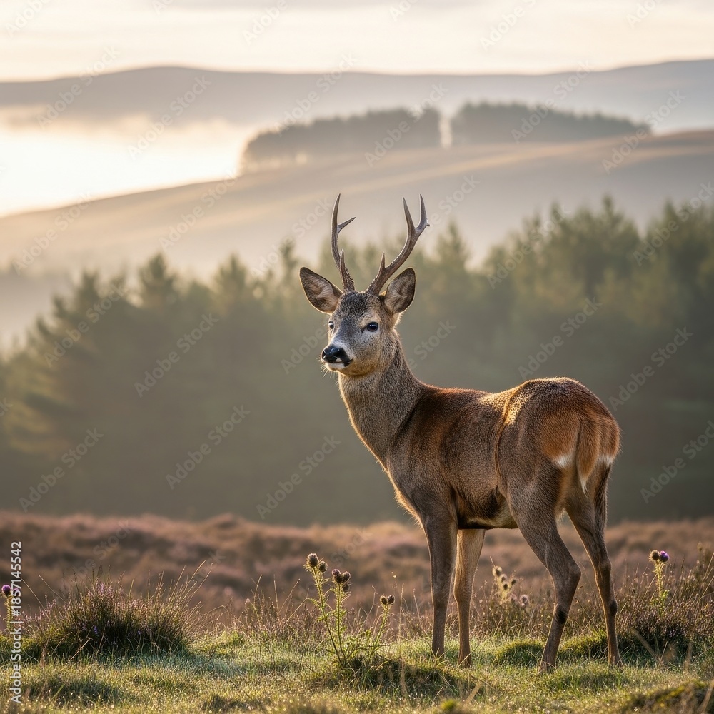 Fototapeta premium Majestic roe deer observing the peaceful landscape bathed in golden morning sunlight