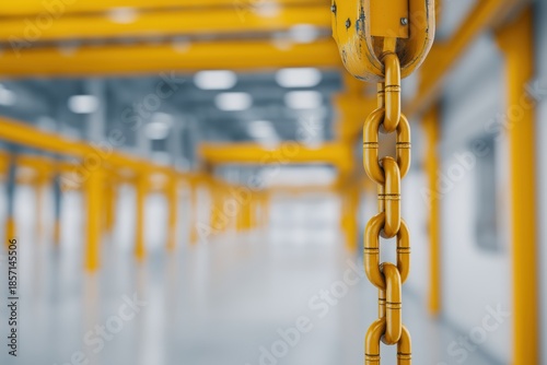 Robust yellow chain hanging from an overhead crane hoist, offering copy space in a modern industrial setting