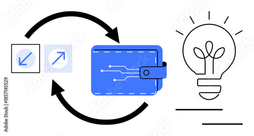 Digital wallet featuring circuit-style design, bidirectional arrows signifying transactions, and illuminated lightbulb. Ideal for fintech, innovation, ideas, transactions, e-payments, resource