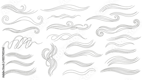 Set of various hand-drawn smoke and steam lines, abstract wavy elements, and flowing air currents.