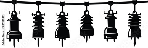 High-voltage electrical insulators hanging on transmission line, industrial power grid components for energy distribution, utility infrastructure equipment silhouette illustration