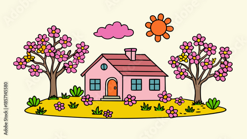 Charming pink house surrounded by blossoming trees