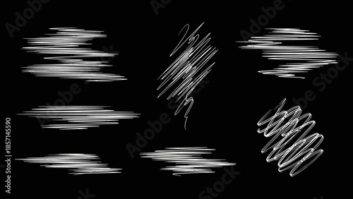 Set of white hand drawn scribble lines and brush strokes.