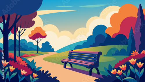 Serene park bench in spring