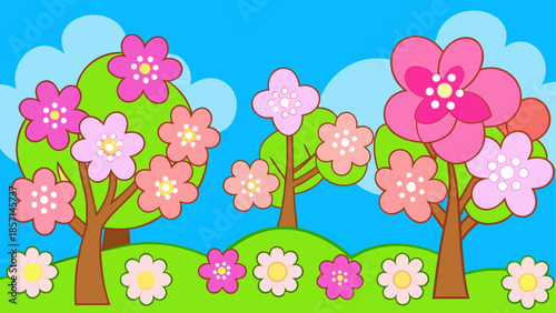 Vibrant cherry blossom trees in a serene landscape