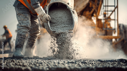 Construction worker pouring concrete on building site.