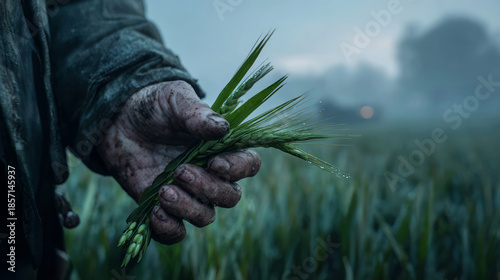 Farmer holding green barley in muddy hand at dawn.