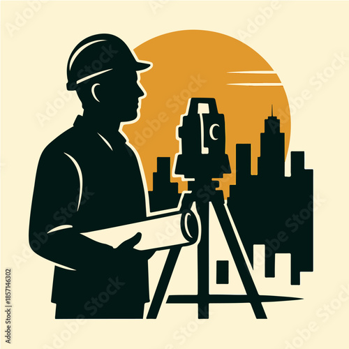 Surveyor Using Theodolite At Construction Site Illustration